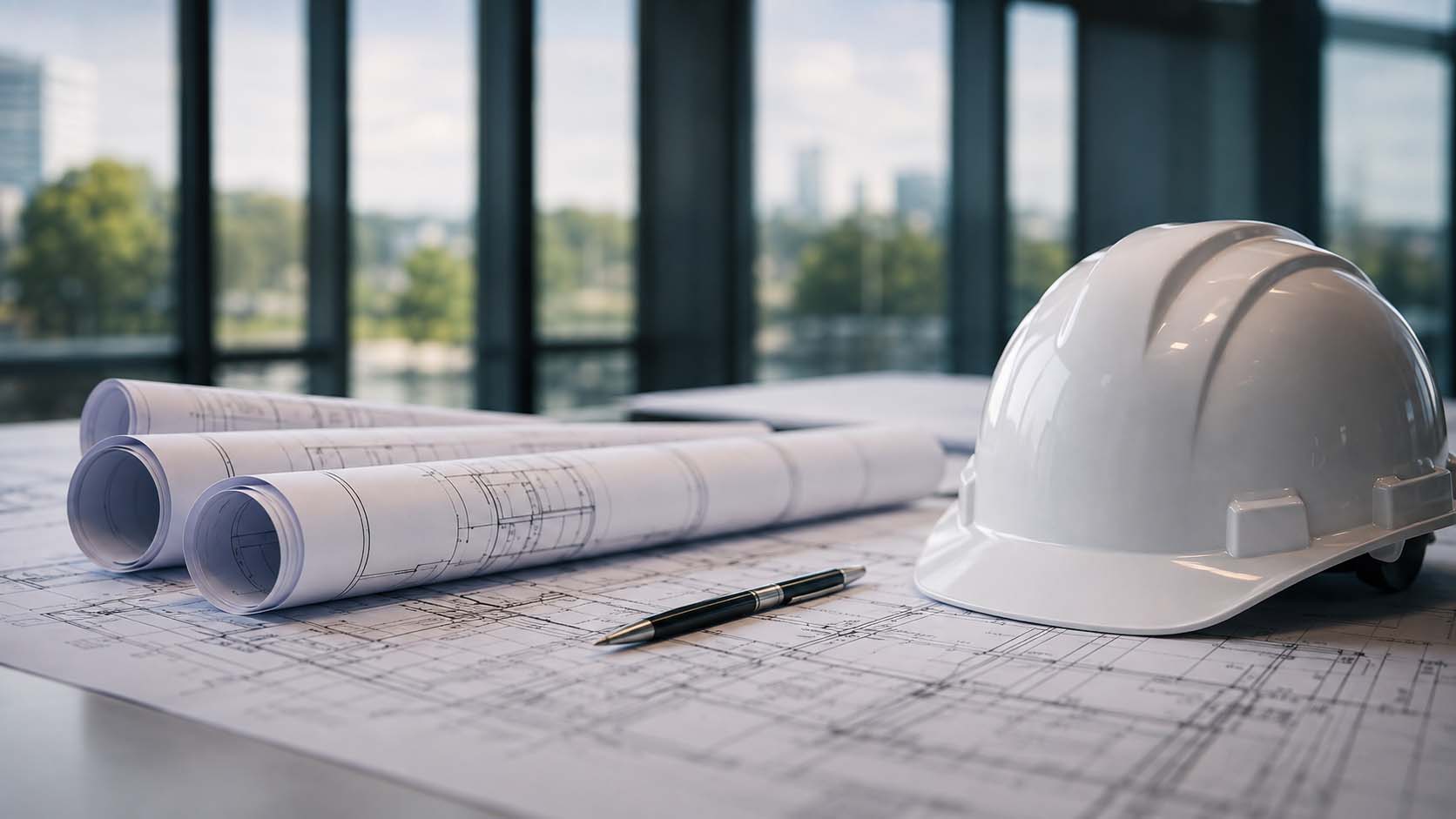 Engineering blueprints and hard hat on a desk, representing MMI Engineering's structural design and construction services
